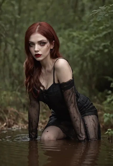 Hyper-realistic, ultradetailed, tmasterpiece. (A night in a dark forest:1.3). The woman, (Tormented by lust:1.3), (drowning up to the hips in the swamp:1.4). mini skirt, Black stockings with garters, leather jacket, black stiletto heels, (emaciated face:1....