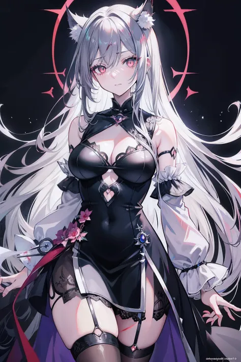 Anime girl posing with long gray hair and black dress facing camera, seductive anime girls,hoarfrost metal lace, Blood-colored pupils，Dark art, 8K,Dreamlike,Intricate details,Detailed digital anime art, demon anime girl, detailed anime art, beautiful anime...