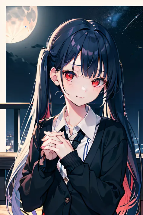 masterpiece, best quality, 1girl, (dark blue hair), ((twintail)), (bangs), (very very long hair), red eyes, (small smile), happy, in the night, night sky, with the moon, (many stars), (wearing a black cardigan), (buttoned up a cardigan), skirt, in the vera...