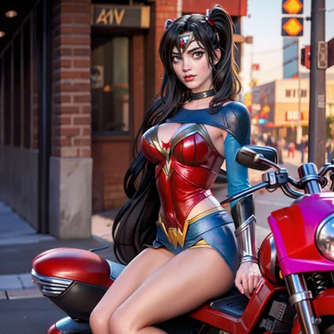 Harley Quinn merged with wonder woman, sexy, sitting on bench, metropolitan background, sexy, alluring, sensual,