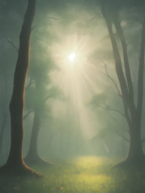 magical forest　Bright morning sun rising　A delightful　picture book-style　illustratio