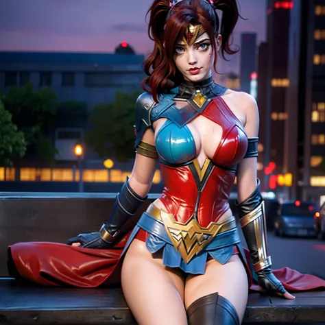 Harley Quinn merged with wonder woman, sexy, sitting on bench, metropolitan background, sexy, alluring, sensual,