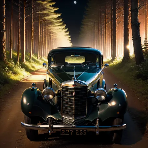 A vintage car, black color, headlight on, in the forest, night time, shot from front, very dim light