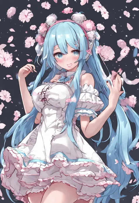 Girl in white and black maid clothes, loli in dress,Perfect light blue hair　All light blue hair　loose and long hair　Pink Hair Ornament Pink Flower Hair Ornament　8k high quality detailed art　Fine details　Colossal tits　Blue eyes　Cum On tits　Young face　Emphas...