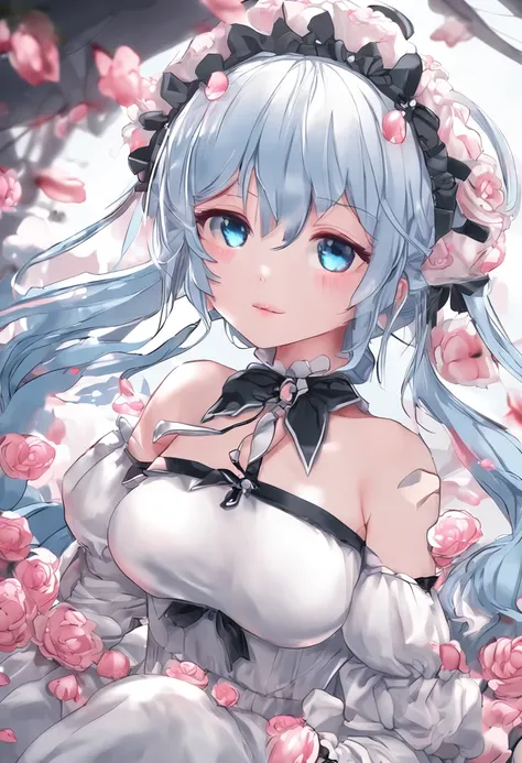 Girl in white and black maid clothes, loli in dress,Perfect light blue hair　All light blue hair　loose and long hair　Pink Hair Ornament Pink Flower Hair Ornament　8k high quality detailed art　Fine details　Colossal tits　Blue eyes　Cum On tits　Young face　Emphas...