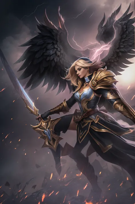 (((Kayle de League of Legends, Ultra realista))), (((corpo inteiro))), (((perfect hands))), Usando a Arma Samurai, fundo antigo, (((Armas Perfeitas))), elegante, gray and black smoke, atordoante, hyper realistic, octan render, surrounded by the effect of s...