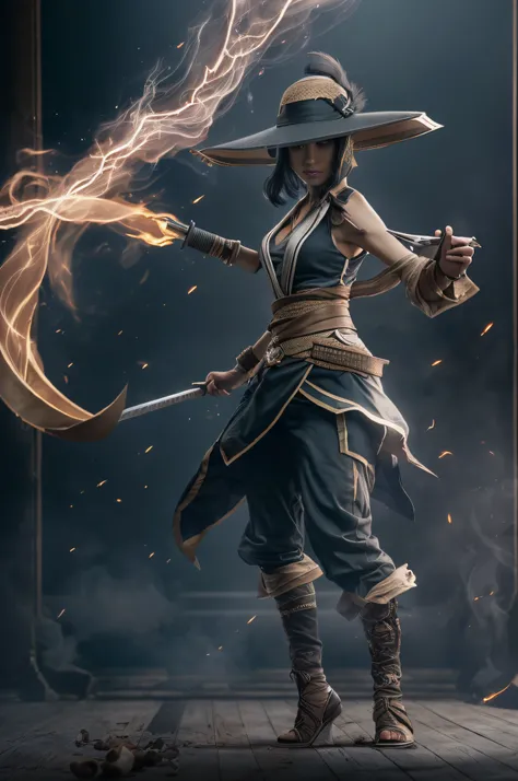 ((Akali de League of Legends, Ultra realista)), (((corpo inteiro))), (((perfect hands))), Usando a Arma Samurai, fundo antigo, (((armas perfeitas))), elegante, gray and black smoke, atordoante, hyper realistic, octan render, surrounded by the effect of smo...