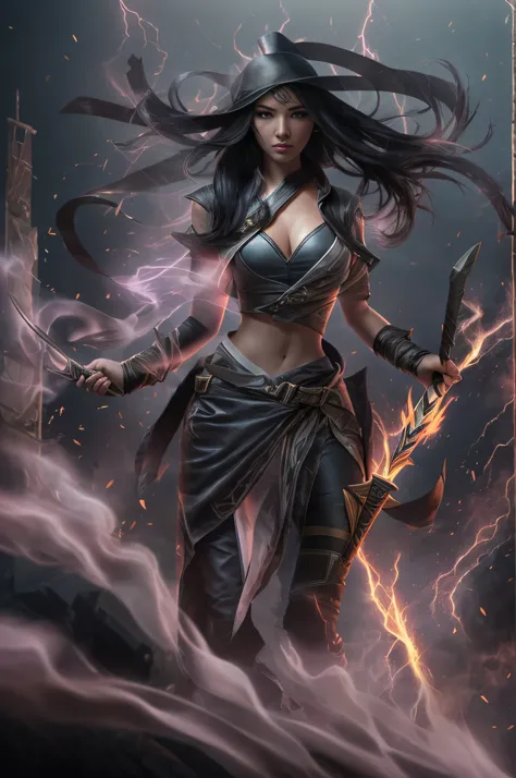 ((Akali de League of Legends, Ultra realista)), (((corpo inteiro))), ((perfect hands)), Usando a Arma Samurai, fundo antigo, elegante, gray and black smoke, atordoante, hyper realistic, octan render, surrounded by the effect of smoke and lightning,  Estilo...