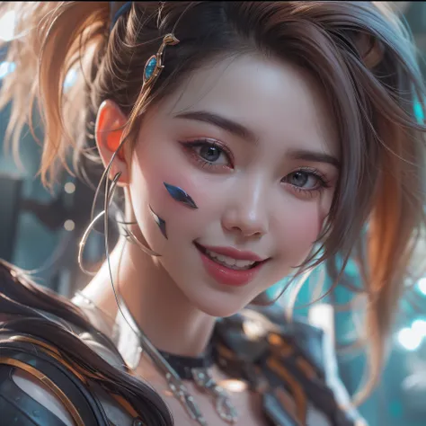 Close up of a smile with the corners of the mouth raised、head phone、head phone、Punk Fashion Cosplay、(realisitic、hight resolution)、(1 girl in)、Do-Up Eye、Korean Girl、(Best Quality), (masutepiece), (1girl in), Solo, a beauty girl, Perfect face, Big Breast,dre...