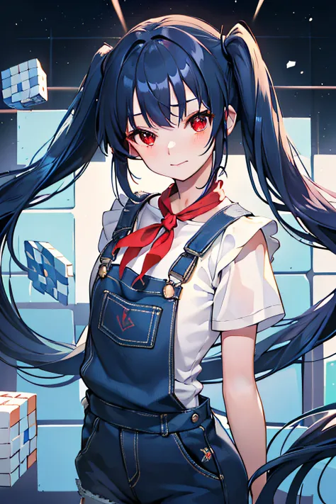 masterpiece, best quality, 1girl, (dark blue hair), ((twintail)), (bangs), (very very long hair), red eyes, (small smile), happy, wearing a short overalls, in the fantasy world, ((many blue necker cubes)), ((flying in the air))