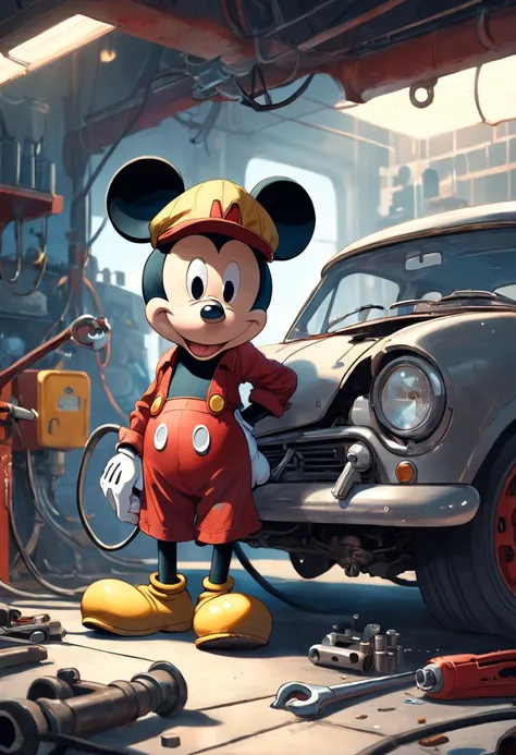 "A masterpiece illustration of Mickey Mouse as a skilled Mechanic fixing a car, showcasing perfect body proportions and a flawlessly detailed head, in high definition."