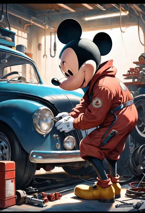 "A masterpiece illustration of Mickey Mouse as a skilled Mechanic fixing a car, showcasing perfect body proportions and a flawlessly detailed head, in high definition."