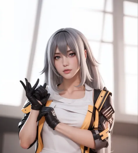 there is a woman with a black and white hair and gloves, anime girl cosplay, anime cosplay, cosplay, cosplayer, sakimichan, tifa lockhart with white hair, professional cosplay, realistic cosplay, from final fantasy, cosplay photo, m4 sopmod ii girls frontl...