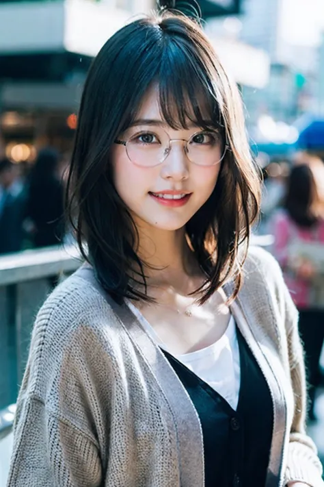 (8K、Raw photography、top-quality、​masterpiece:1.2)、(realisitic、Photorealsitic:1.37)、ultra-detailliert、超A high resolution、女の子1人、see the beholder、beautifull detailed face、A smile with a little visible teeth、Constriction、(Slim waist) :1.3)、((Wearing a cardigan...