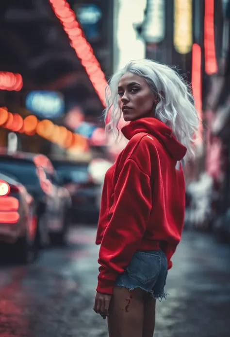 Beautiful woman cyberpunk style white hair wearing red sweatshirt and walking the streets with girlfriends