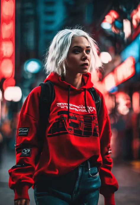 Beautiful woman cyberpunk style white hair wearing red sweatshirt and walking the streets with girlfriends