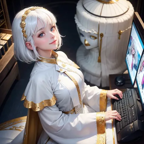 best quality, white hair, gold eyes, white clothes, looking up, upper body, hair strand, Fair skin, smiling, personal computers