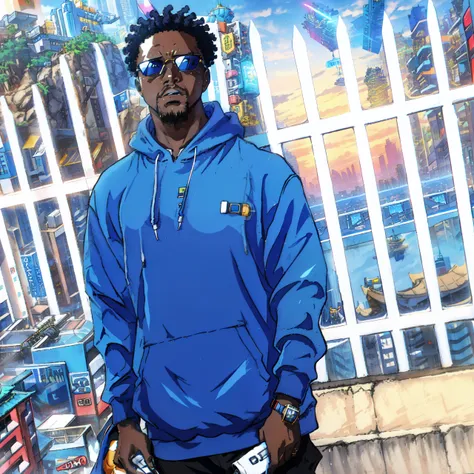 African man in blue hoodie jacket, wearing sunglasses, standing in a futuristic city, album photo, discovered photo, taken in the early 2020s, george pemba, mongezi ncaphayi, profile photo, barry qindsor-smith, he is about 2 5 years old, a photo of a man, ...