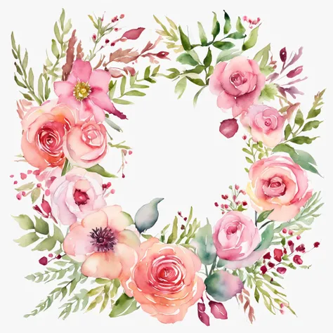 wreath, Floral frame, Delicate watercolor flowers in pink and vibrant rose tones, Engaging illustrations.