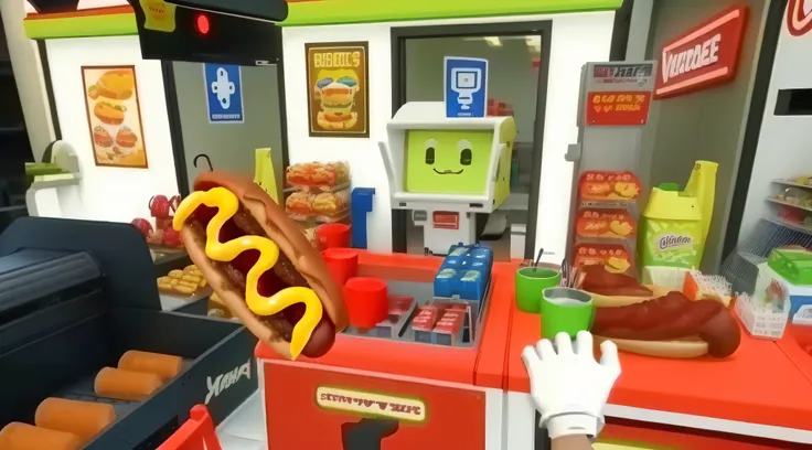 Close-up of cartoon hot dog in the store, videogame still, virtual reality game, a busy arcade, 3 d game, Indie games, Screenshots of internal gameplay, inside a gas station, Arcade, Fantastic inside the supplier, ❤🔥🍄🌪, Indie games, weenie, Arcade games, P...