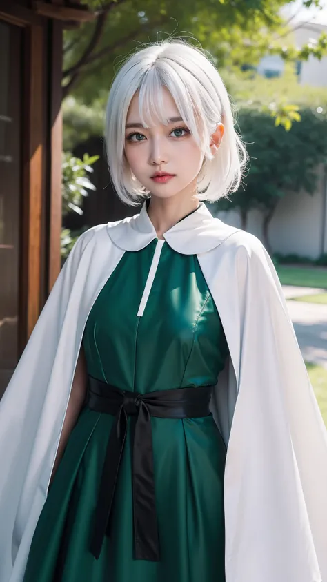 Nahida_Genshin,(White hair),cross-shaped pupils,default_dress,Green cape,