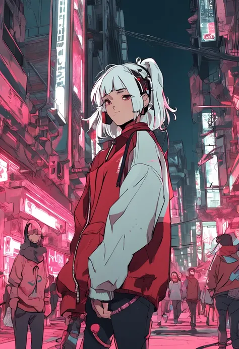 Cyberpunk style anime two beauties with short white hair wearing red sweatshirts and walking the streets with girlfriends