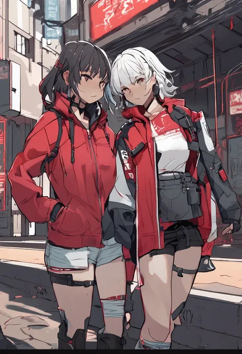 Cyberpunk style anime two beauties with short white hair wearing red sweatshirts and walking the streets with girlfriends