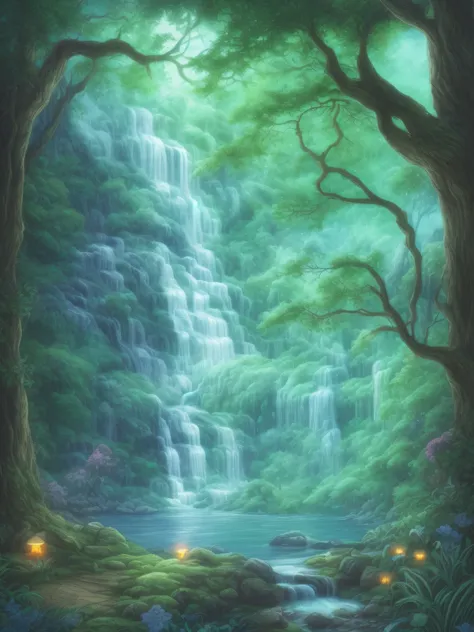 magical forest　Mysterious and bright　Waterfall in the distance　picture book-style　illustratio