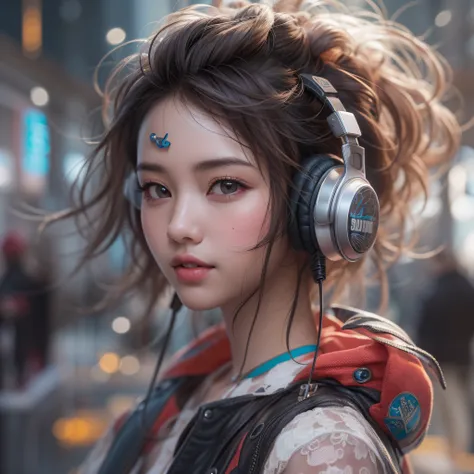 Close up of a smile with the corners of the mouth raised、Gorgeous headphones、punk fashion、(realisitic、hight resolution)、(1 girl in)、Do-Up Eye、Korean Girl、(Best Quality), (masutepiece), (1girl in), Solo, a beauty girl, Perfect face, Big Breast,dreamlikeart、...