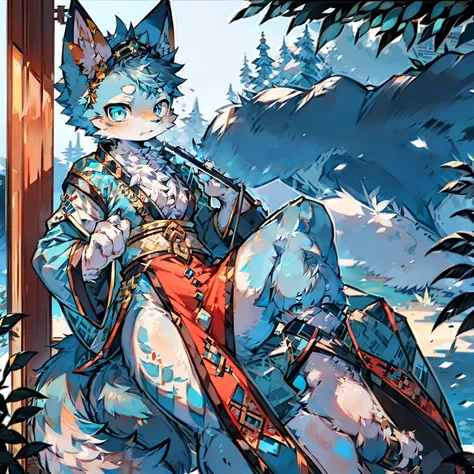 girl fox，eBlue eyes，Blue hair，Traditional Chinese clothing，palaces