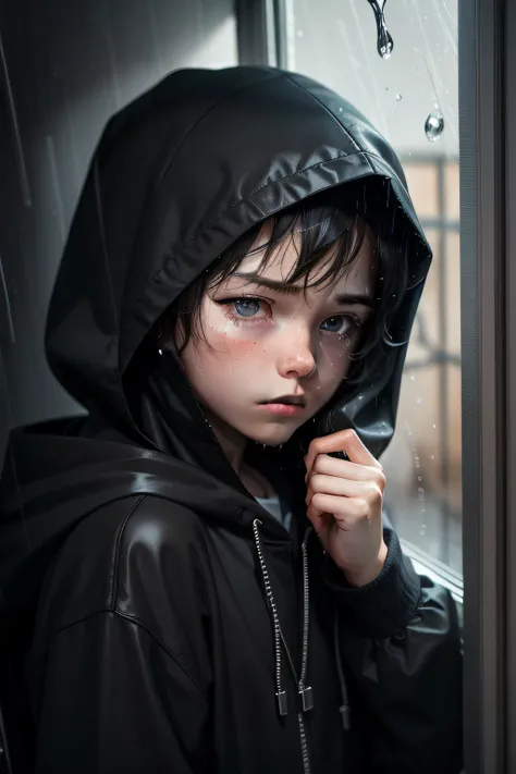 The boy with the black hood stared out the window at the rain and wept。