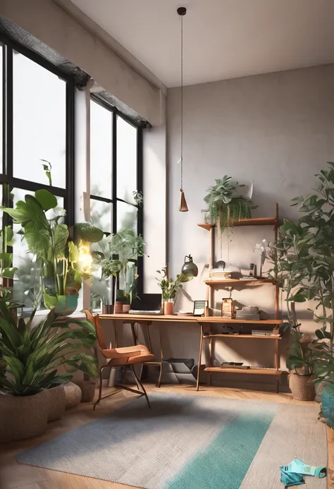 You are a famous interior designer，and was commissioned to create a 3D image of a modern large study. Create a harmonious environment with modern and minimalist furniture. Some houseplants are included，Make it look fresher.