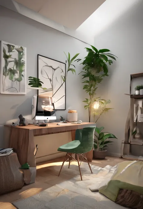 You are a famous interior designer，and was commissioned to create a 3D image of a modern large study. Create a harmonious environment with modern and minimalist furniture. Some houseplants are included，Make it look fresher.