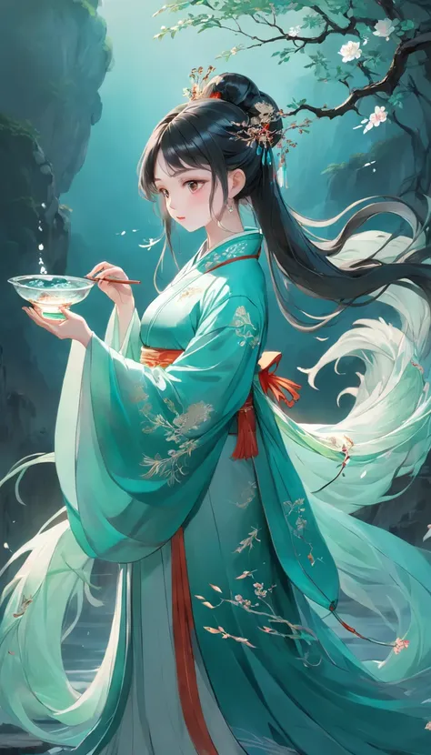 Stunning Chinese Hanfu，Embroidered with crystal translucent branches. The branches shine like diamonds. The phoenix comes to life，Dragging a 2-meter skirt. The whole body is beautiful, Noble, Turquoise,cute big breasts， magic, Octane rendering, Surreal, Li...