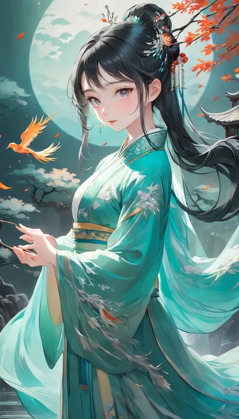 Stunning Chinese Hanfu，Embroidered with crystal translucent branches. The branches shine like diamonds. The phoenix comes to life，Dragging a 2-meter skirt. The whole body is beautiful, Noble, Turquoise,cute big breasts， magic, Octane rendering, Surreal, Li...