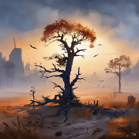 Two crows on a dead tree, A shadow shaped like a walker, Starry night, Thick fog on the ground, Blue light on the horizon, Unreal Engine 5, Cinematic, low angle photography, Motion blur, Depth of field, Dust, Cobblestones and dirt. Splash Art, dripping pai...