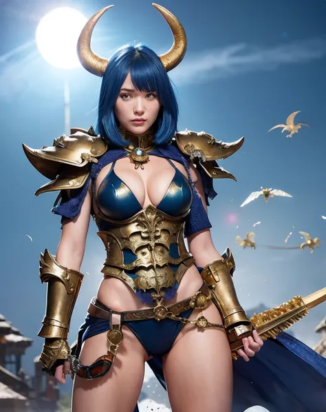 Professional , ​masterpiece、top-quality、photos realistic , depth of fields 、（Gemstone Blue Metal Body:1.２),(Matte Blue Black、（）、gold patterns、Wind-effect、Light Effects、Wind-effect、(Micro Bikini Armor)、（cleavage of the breast）、Dragon Gold Weapon（Dragon Meta...