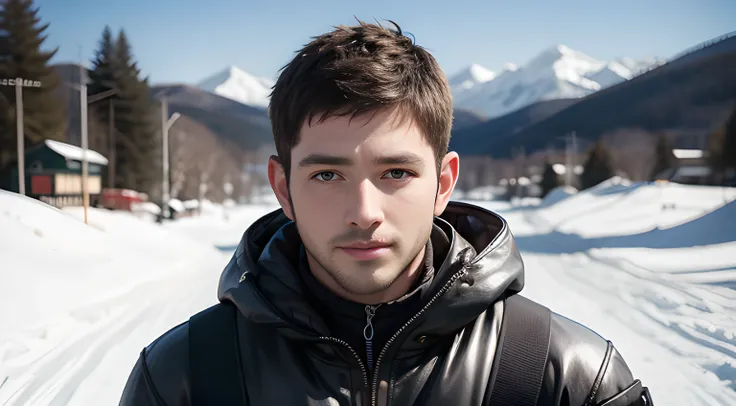 ((Men only)), (head shot), ((Chris Redfield)), (Handsome muscle man in his 10s), ((Male snow skier)), (At a ski resort in the snowy mountains), (Smile),  ((snow board)), (detaile: 1 in 1), Natural muscles, HIG quality, beautidful eyes, (Detailed face and e...