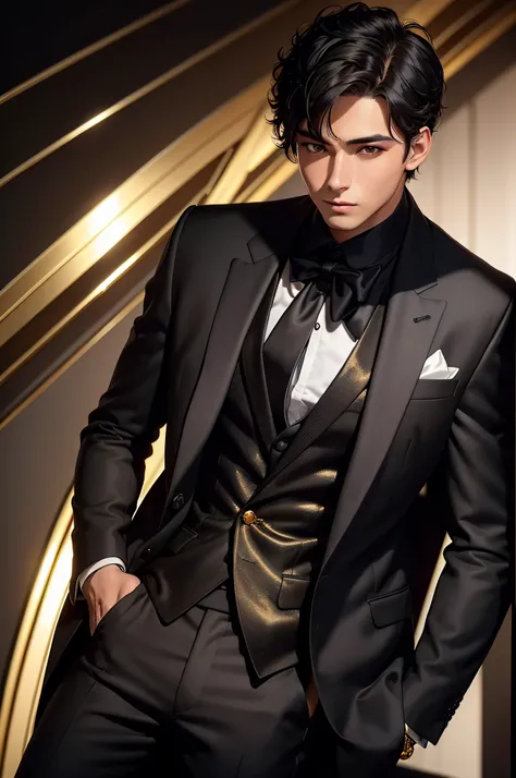 24-year-old boy, Short jet-black hair, grey  eyes, Black suit with gold elements, ​masterpiece, hiquality