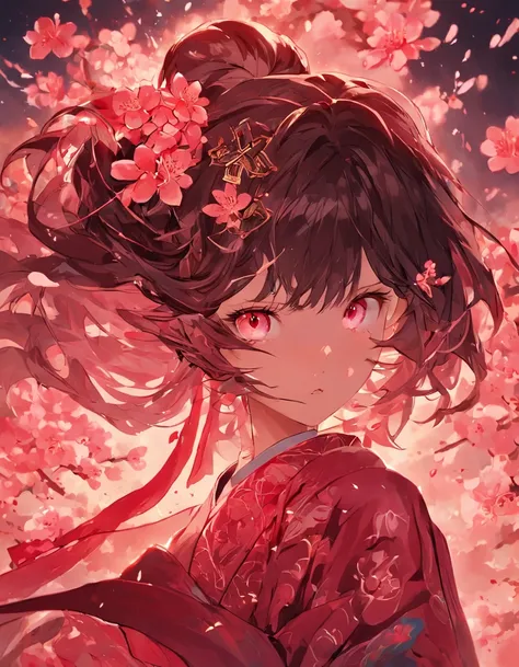 Danfeng Eyes，bushido，The upper part of the body，Black coiled hair，Simple hairpins，Cold eyes，solo person，orthofacial，frontage，Peach blossom background，Highly saturated colors，Hyper Real，8K high-definition，holding a longsword，Absolutely beautiful，high light，...