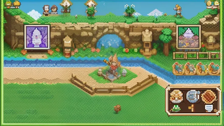 鸟山明风格，Flat pixel games《dragon quest》，Game scene design，（a paradise：1.4），16-bit pixels