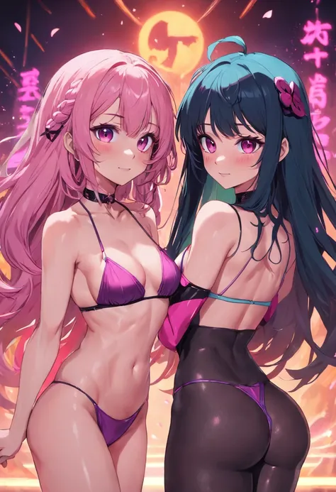 (melhor qualidade, master part), 2 women wearing bikini,  olhando uma para a outra vista lateral, The woman on the left is an emotionless psychopath, com cabelos castanhos e pontas verdes e rosas quentes, while wearing a black croptop with green eyes and s...