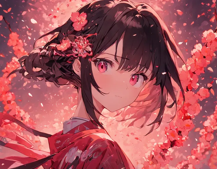 Danfeng Eyes，bushido，The upper part of the body，Black coiled hair，Simple hairpins，Cold eyes，solo person，orthofacial，frontage，Peach blossom background，Highly saturated colors，Hyper Real，8K high-definition，holding a longsword，Absolutely beautiful，high light，...