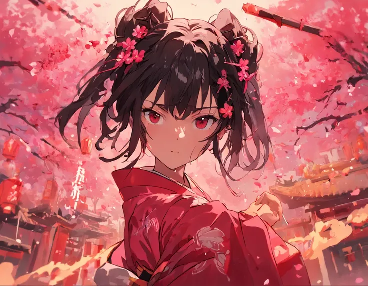 Danfeng Eyes，bushido，The upper part of the body，Black coiled hair，Simple hairpins，Cold eyes，solo person，orthofacial，frontage，Peach blossom background，Highly saturated colors，Hyper Real，8K high-definition，holding a longsword，Absolutely beautiful，high light，...