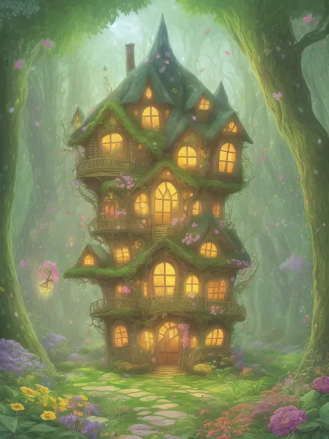 magical forest　A house with a fairy in the center　Flower garden　picture book-style　illustratio