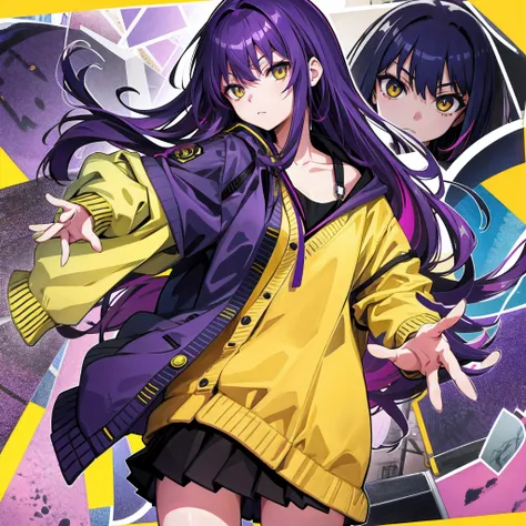 high school student,purple color  hair,yellow  eyes,Navy blue cardigan、No handle