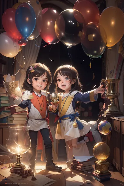 Two happy children with their trophies, cuadernos, libros, trofeos de oro, trofeo de ajedrez, trofeos de deportes, festejando con globos y mixtura, en su cuarto de estudio, con libros y piezas de ajedrez, daylight, luz calida