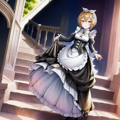 Anime girl in black and white dress standing on stairs, Kushatt Krenz Key Art Women, lollipop, a maid in a magical forest, Guviz, Maid outfit, anime girl in a maid costume, maid, Maid dress, anime cat girl in a maid costume, from girls frontline, Loli, gor...