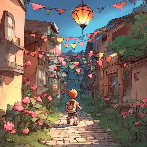 夏天，Cobblestone paths，kite，The back of a child running，Hot summer