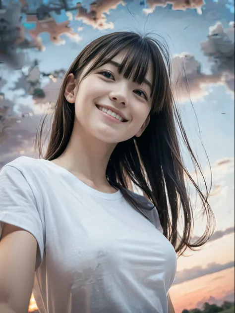 (One girl with slender small breasts and long hair with dull bangs in a white t-shirt:1.5)、(One girl looking up the sky with thin smile :1.3)、(Low angle shot :1.5)、(Beautiful twilight sky:1.5)、(Perfect Anatomy:1.3)、(No mask:1.3)、(complete fingers:1.3)、Phot...